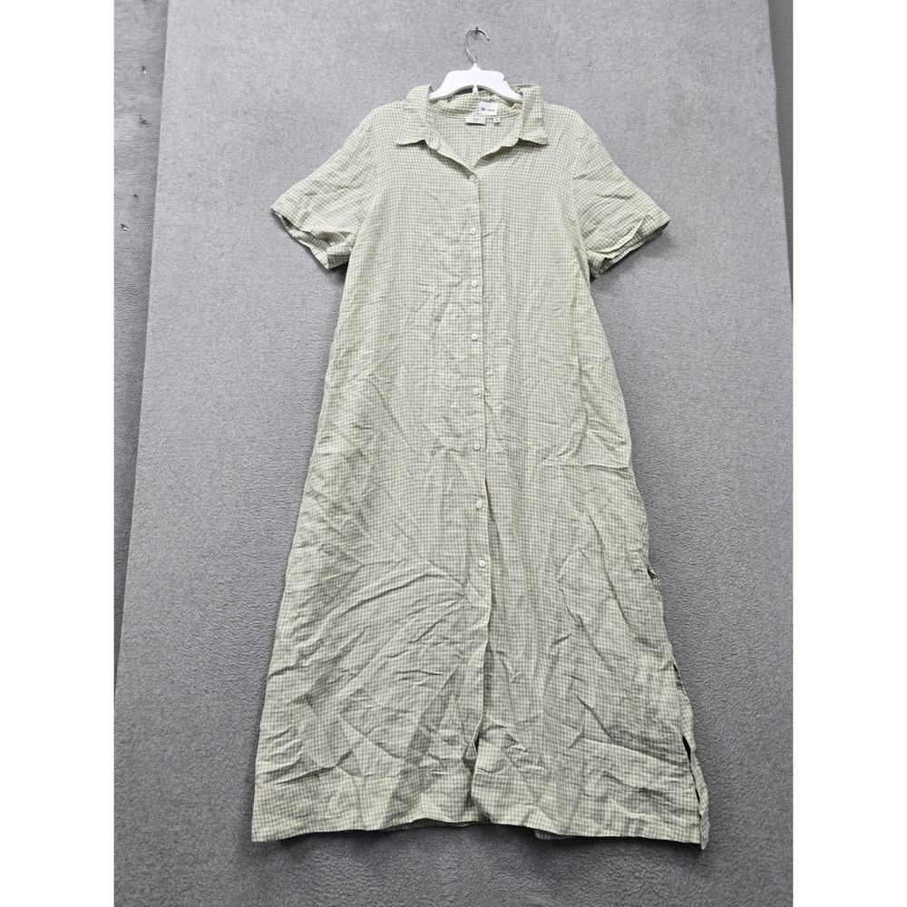 Aritzia Wilfred Women Dress XL Green Gingham Maxi Shirt Belted Short Sleeve